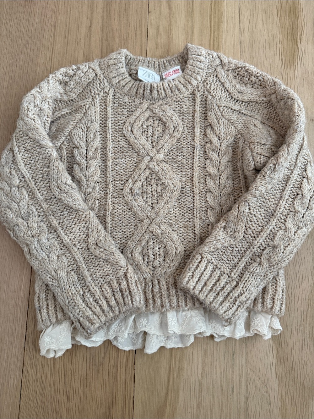 Zara Cream Cable Knit Sweater with Lace Trim